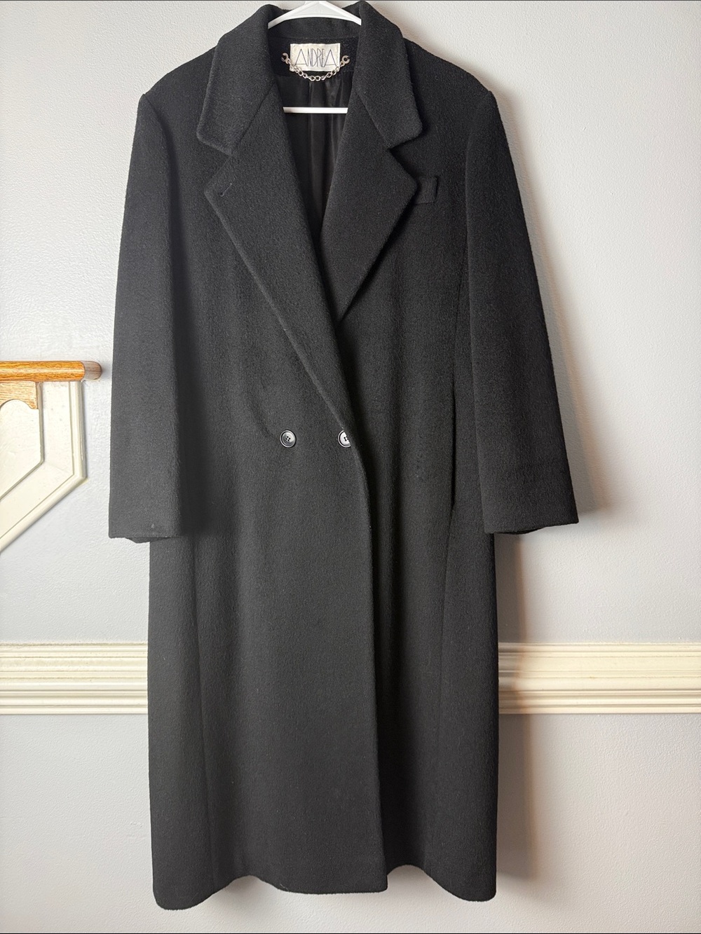 Vintage ANDREA Black Wool Double-Breasted Trench Coat union. Gorgeous